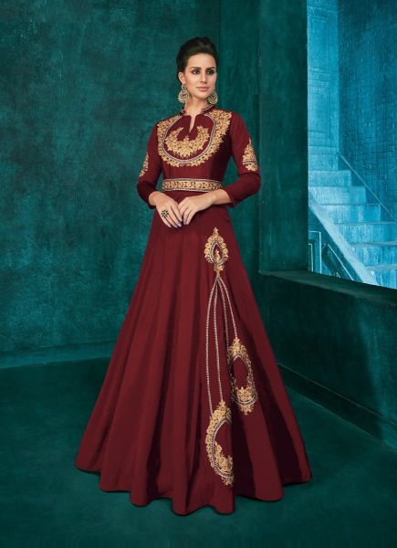 Maroon Silk Embroidered Party-Wear Readymade Floor-Length Gown