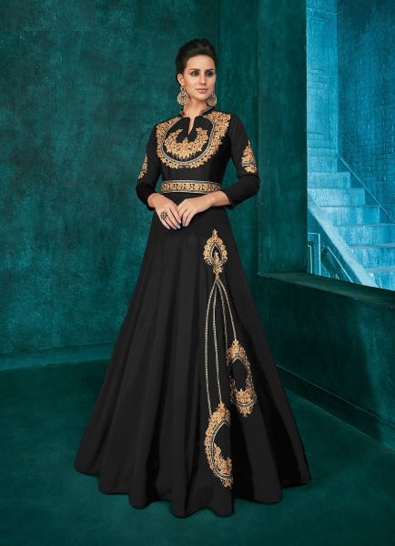 Black Silk Embroidered Party-Wear Readymade Floor-Length Gown