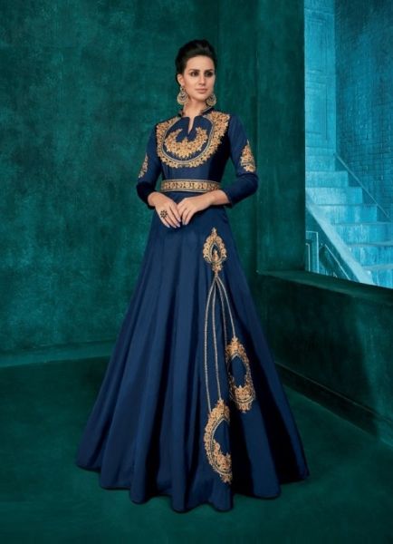 Blue Silk Embroidered Party-Wear Readymade Floor-Length Gown
