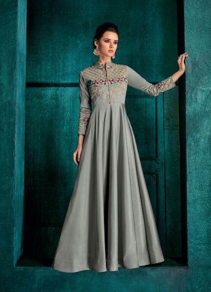 Silver Gray Silk Embroidered Party-Wear Readymade Floor-Length Gown
