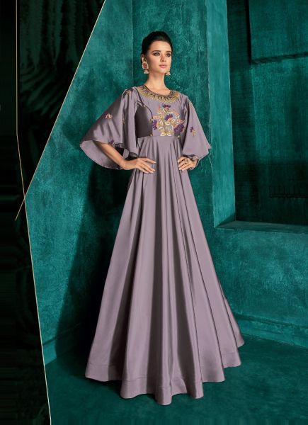 Lilac Silk Embroidered Party-Wear Readymade Floor-Length Gown
