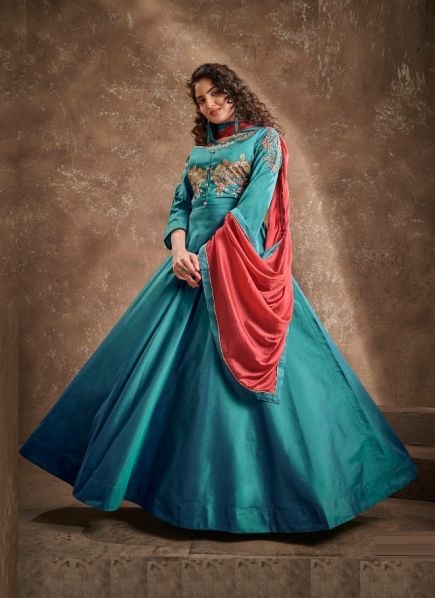 Teal Blue Silk With Heavy Embroidery Inner Stitched Readymade Gown with Dupatta