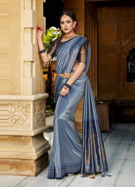 Steel Blue Woven Silk Pattu Saree (Temple-Border) For Traditional / Religious Occasions