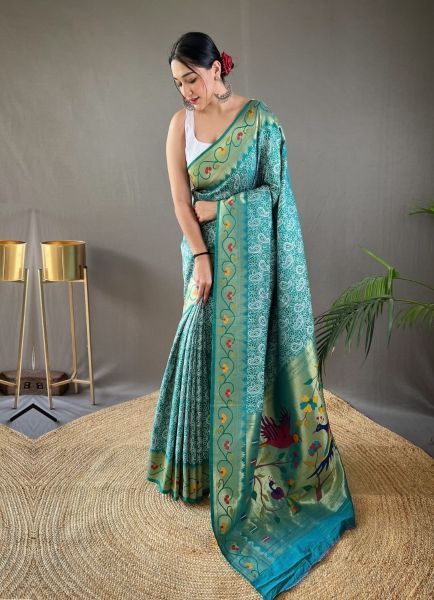 Teal Blue Lucknowi Weaving Party-Wear Silk Saree