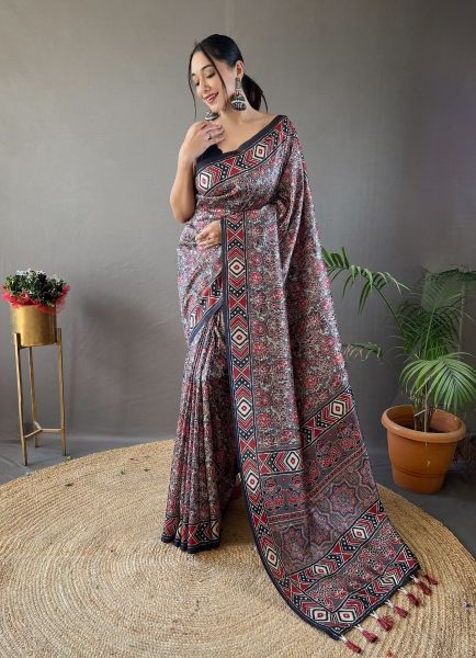 Gray Digitally Printed Festive-Wear Soft Silk Saree