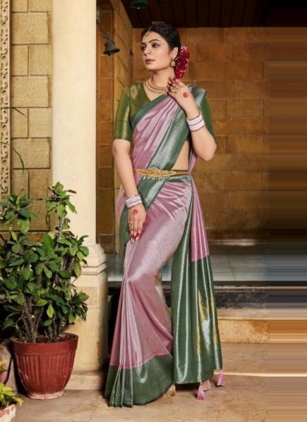 Pink Woven Silk Pattu Saree (Temple-Border) For Traditional / Religious Occasions