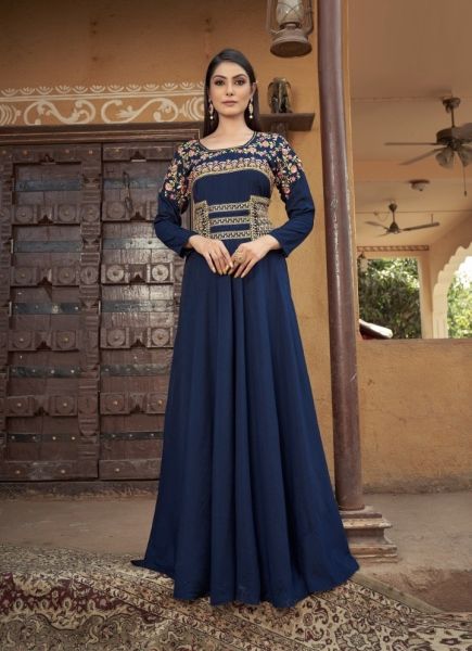 Dark Blue Muslin Embroidered Party-Wear Readymade Floor-Length Gown
