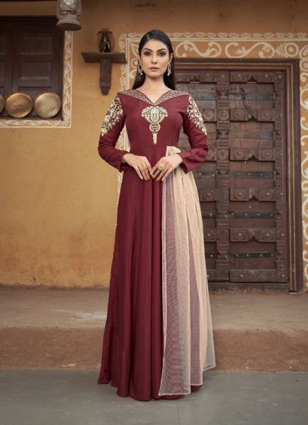 Wine Muslin Embroidered Party-Wear Readymade Floor-Length Gown