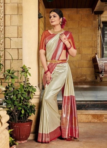 Beige Woven Silk Pattu Saree (Temple-Border) For Traditional / Religious Occasions