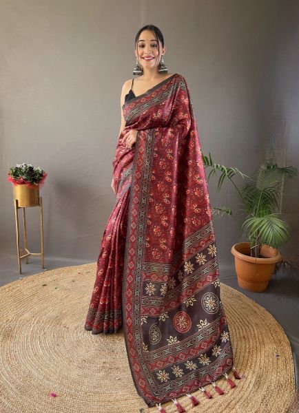 Wine Red Digitally Printed Festive-Wear Soft Silk Saree