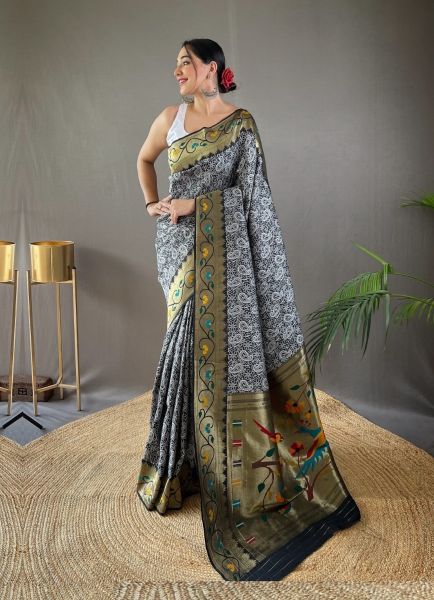 Black Lucknowi Weaving Party-Wear Silk Saree