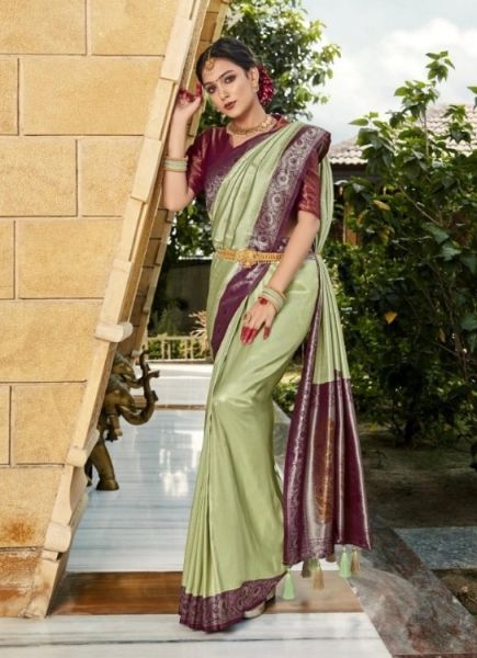 Light Green Woven Silk Pattu Saree (Temple-Border) For Traditional / Religious Occasions
