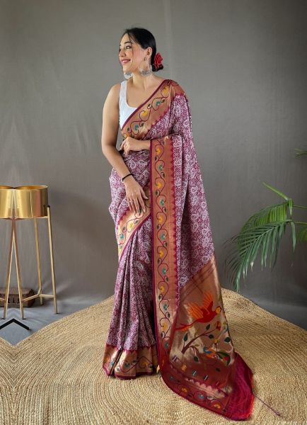 Wine Lucknowi Weaving Party-Wear Silk Saree