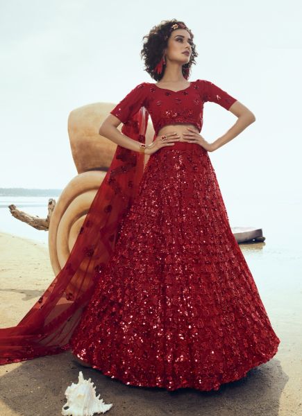 Red Net Sequins-Work Wedding-Wear Stylish Lehenga Choli