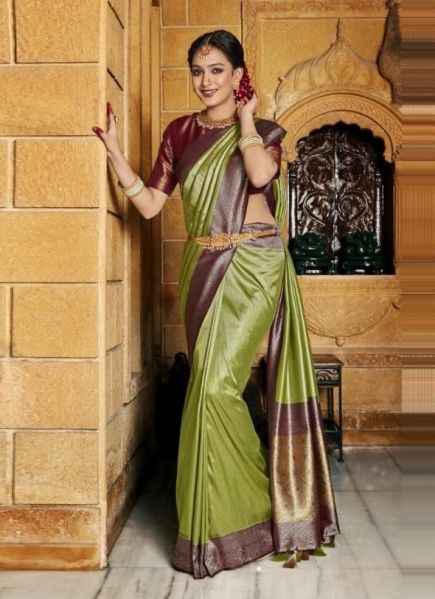 Olive Green Woven Silk Pattu Saree (Temple-Border) For Traditional / Religious Occasions