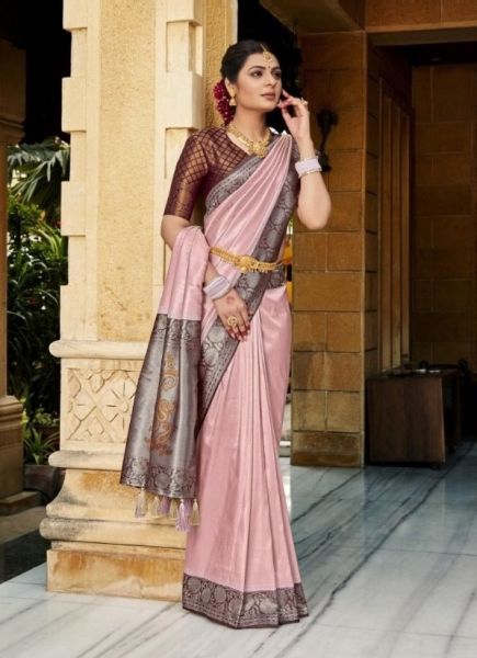 Light Pink Woven Silk Pattu Saree (Temple-Border) For Traditional / Religious Occasions