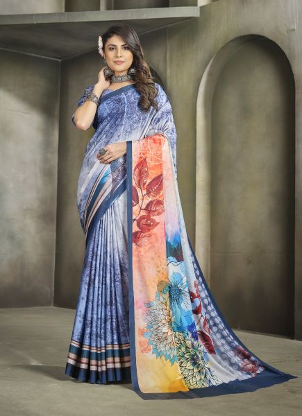 Blue Crape Digitally Printed Festive-Wear Vibrant Saree