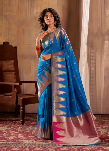 Aqua Blue Woven Banarasi Silk Saree For Traditional / Religious Occasions
