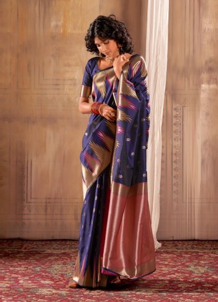 Navy Blue Woven Banarasi Silk Saree For Traditional / Religious Occasions