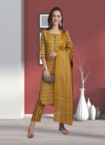 Mustard Yellow Cotton Slub Printed Summer-Wear Pant-Bottom Readymade Salwar Kameez