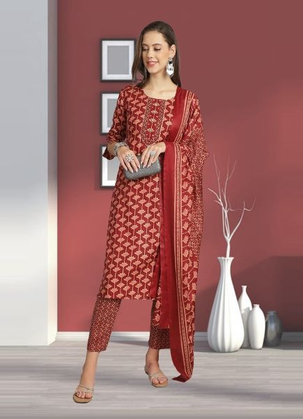 Red Cotton Slub Printed Summer-Wear Pant-Bottom Readymade Salwar Kameez