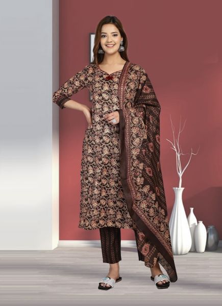 Dark Brown Cotton Slub Printed Summer-Wear Pant-Bottom Readymade Salwar Kameez