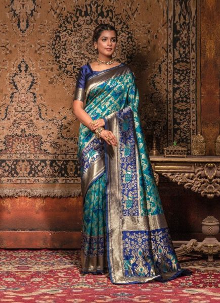 Aqua Blue Weaving Festive-Wear Banarasi Silk Saree