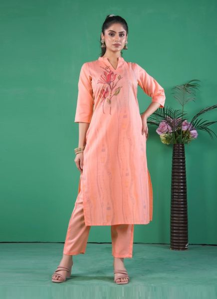 Light Coral Cotton Bland Printed Resort-Wear Readymade Kurti With Pant