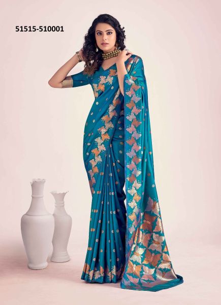 Sea Blue Banarasi Silk Embroidered Festive-Wear Saree