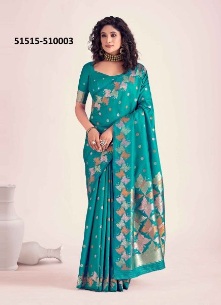 Aqua Blue Banarasi Silk Embroidered Festive-Wear Saree