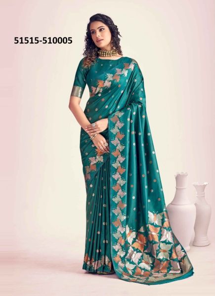 Teal Blue Banarasi Silk Embroidered Festive-Wear Saree