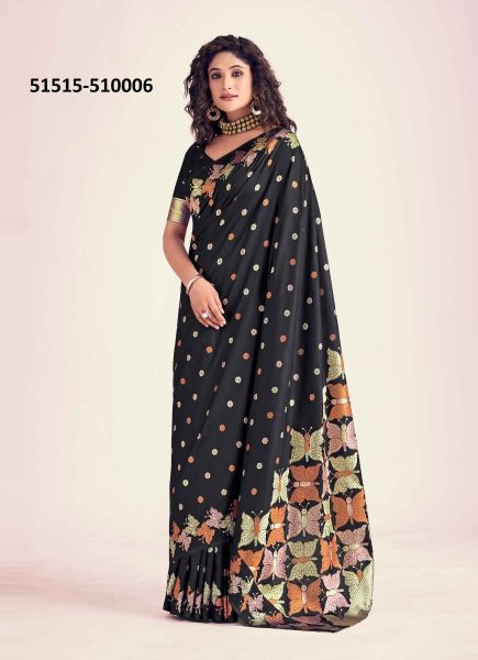Black Banarasi Silk Embroidered Festive-Wear Saree