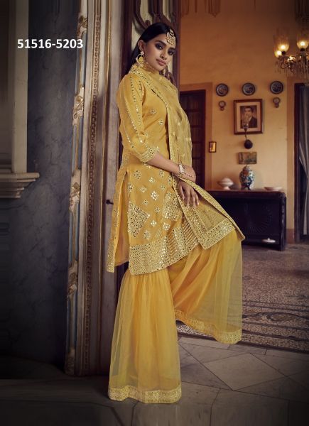 Yellow Organza Gotta-Patti Gharara-Bottom Salwar Kameez For Traditional / Religious Occasions