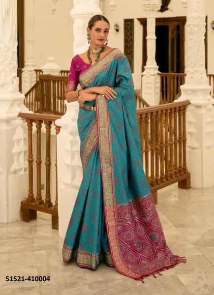 Teal Blue Woven Patola Banarasi Silk Saree For Traditional / Religious Occasions