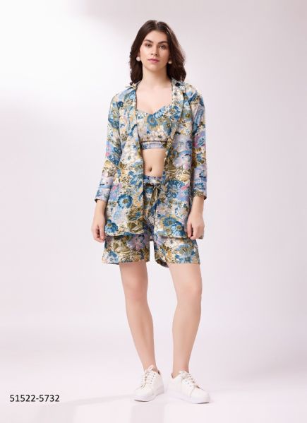 Sea Blue Cotton Digitally Printed Beach-Wear Readymade Top & Bottom With Jacket
