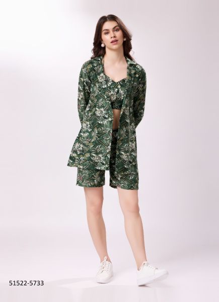 Dark Green Cotton Digitally Printed Beach-Wear Readymade Top & Bottom With Jacket