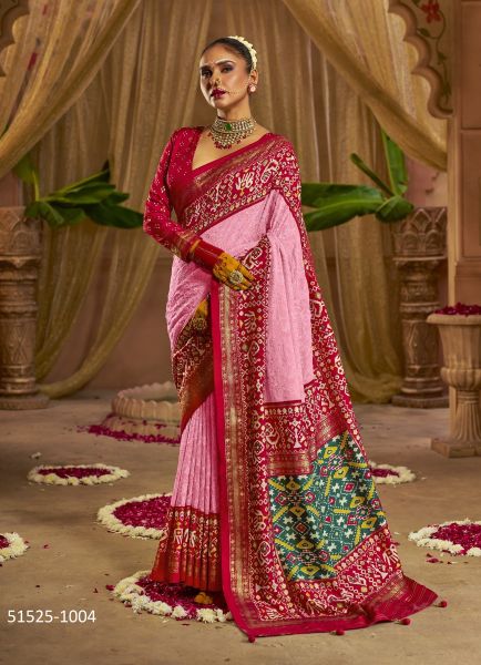 Pink Woven Georgette Patola Silk Saree For Traditional / Religious Occasions
