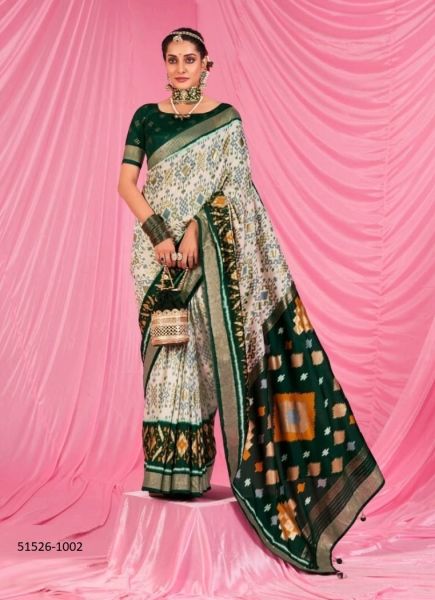 White & Bottle Green Patola Silk Printed Saree For Traditional / Religious Occasions