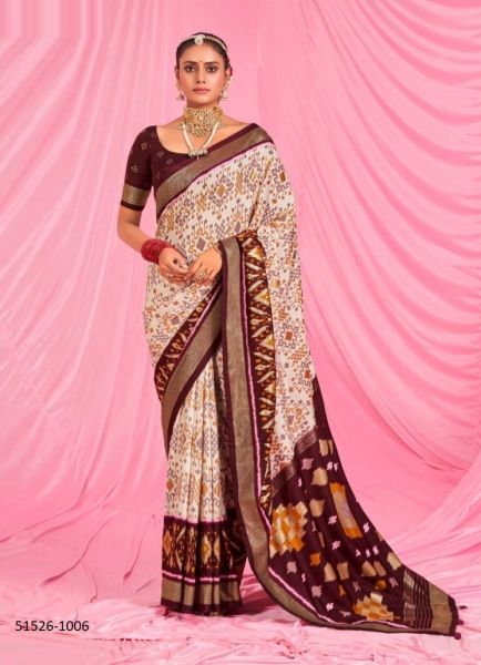 White & Wine Patola Silk Printed Saree For Traditional / Religious Occasions