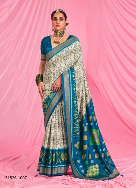 White & Sky Blue Patola Silk Printed Saree For Traditional / Religious Occasions