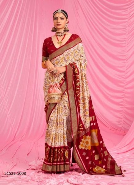 White & Crimson Red Patola Silk Printed Saree For Traditional / Religious Occasions