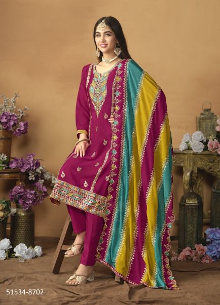 Dark Magenta Chinon Silk Embroidered Plus-Size Salwar Kameez For Traditional / Religious Occasions