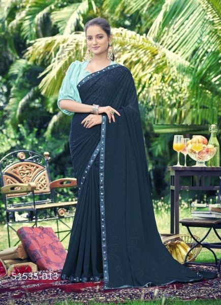 Navy Blue Georgette Printed Fashionable Saree For Kitty Parties