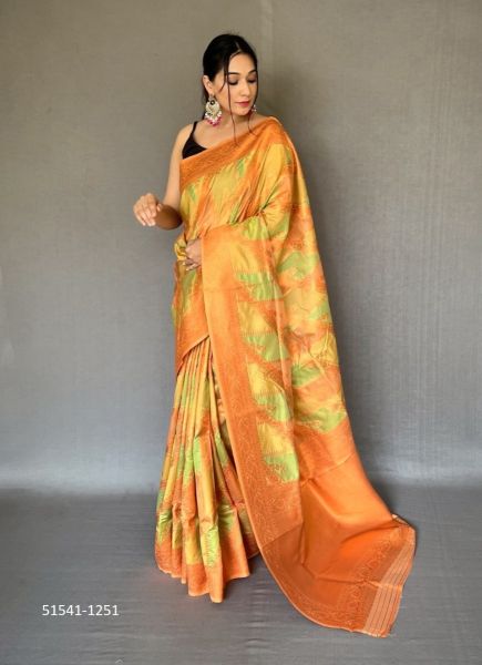Orange & Light Green Woven Tissue Silk Saree For Traditional / Religious Occasions