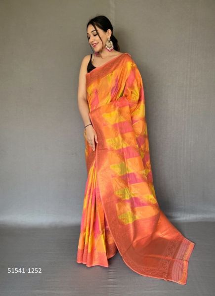 Orange & Magenta Woven Tissue Silk Saree For Traditional / Religious Occasions