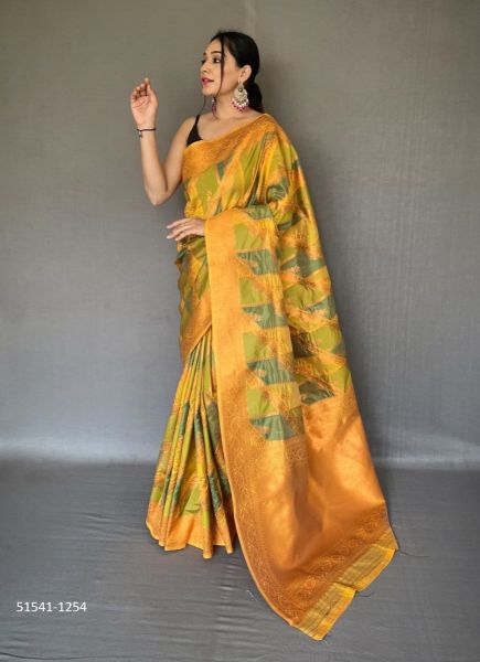 Yellow & Light Green Woven Tissue Silk Saree For Traditional / Religious Occasions