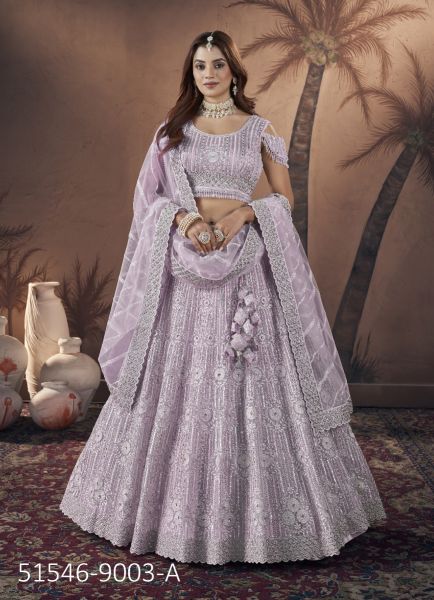 Lilac Net Handwork Wedding-Wear Gliterring Readymade Lehenga Choli