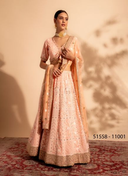 Light Peach Georgette Handwork Wedding-Wear Stylish Readymade Lehenga Choli