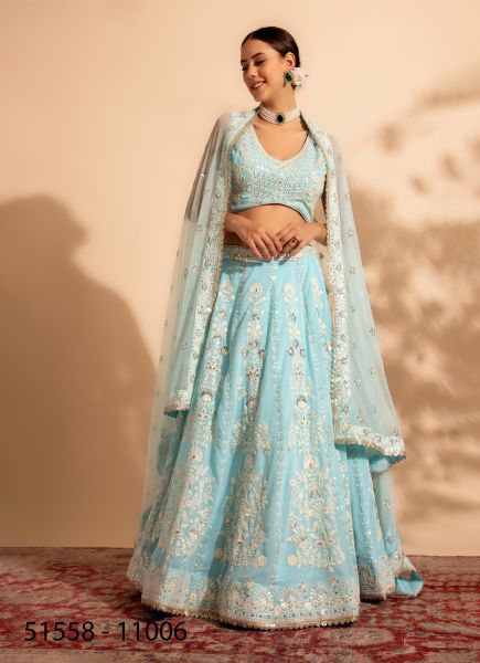 Light Blue Georgette Handwork Wedding-Wear Stylish Readymade Lehenga Choli