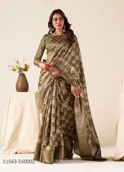 Dark Beige Dola Silk Foil-Printed Saree For Traditional / Religious Occasions